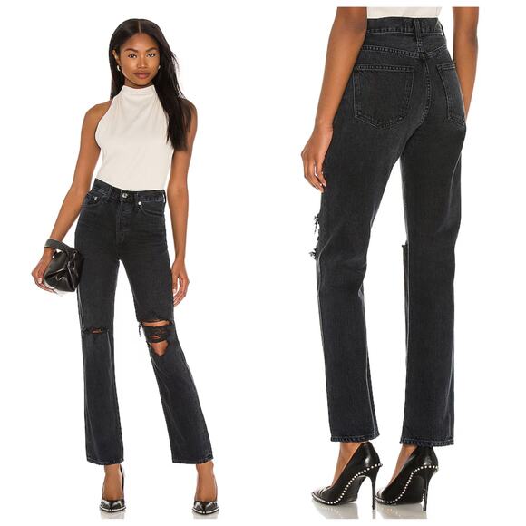 AGOLDE Lana Straight Jean Disorder Wash Black Distressed Ripped - Picture 1 of 11